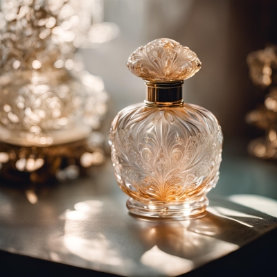 Ornately decorated crystal perfume bottle with intricate floral details, shining from its golden fragrance held within, and illuminated by lovely warm natural light as it sits upon a shiny surface.