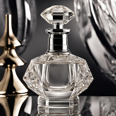 Sophisticated crystal perfume bottle with a geometric design, polished silver neck, and faceted diamond-shaped stopper, reflecting light in a sleek, modern setting.