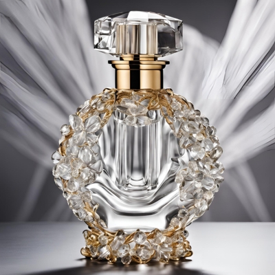 Luxurious oval crystal perfume bottle encircled with golden floral accents and delicate crystal embellishments, topped with a faceted stopper and set against a flowing white backdrop.