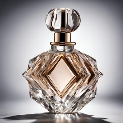 Striking multi-faceted crystal perfume bottle with a golden core and diamond-shaped center, paired with a matching striped crystal stopper, glowing under dramatic lighting.