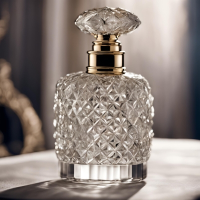 Luxurious crystal perfume bottle with a geometric diamond pattern, a radiant gold collar, and an elegant faceted stopper, set against a soft light background for a timeless appeal.