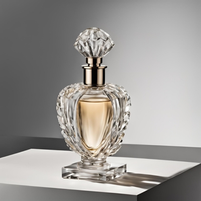 Sophisticated crystal perfume bottle with a sculpted body and golden perfume visible inside, featuring a polished gold neck and a diamond-shaped stopper, displayed on a modern pedestal.