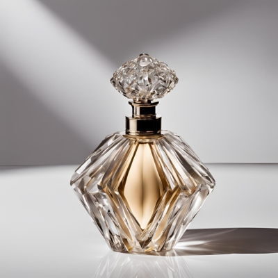 Modern crystal perfume bottle with sharp, angular facets and a golden perfume interior, paired with a jewel-like stopper, highlighted by dramatic light and shadow contrasts.