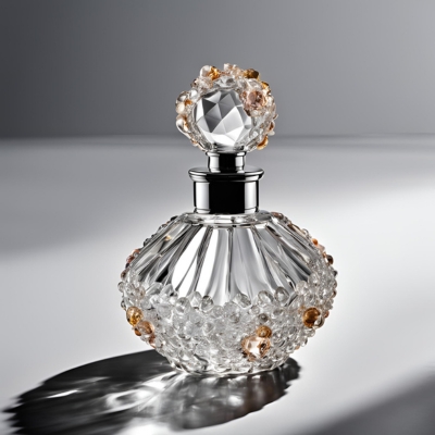 Round crystal perfume bottle with radiant embellishments of golden and amber-colored accents, paired with a faceted stopper, highlighted by soft, reflective lighting.