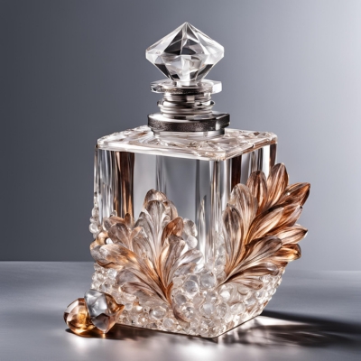 Square crystal perfume bottle with intricate floral-inspired amber embellishments, a sculpted diamond stopper, and an elegant design that exudes vintage charm.