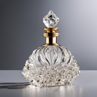 Rounded crystal perfume bottle adorned with intricate floral-inspired engravings and surrounded by delicate crystal embellishments, featuring a gold neck and a pointed stopper.