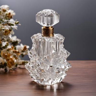 Sculptural crystal perfume bottle with jagged, ice-like facets, a detailed gold collar, and an elegant faceted stopper, complemented by soft floral accents in the background.