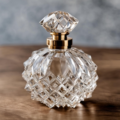 Crystal perfume bottle with a geometric, lattice-like design, paired with a gold collar and faceted stopper, set on a warm wooden surface against a textured background.