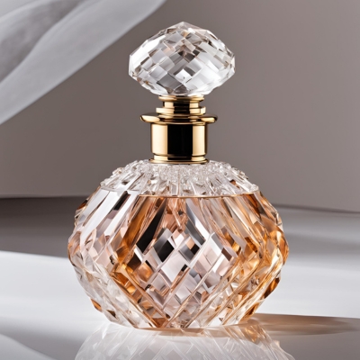 Exquisite crystal perfume bottle with a diamond-cut design, golden accents, and a faceted stopper, radiating warm amber hues under soft lighting.