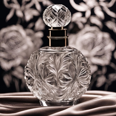 Elegant crystal perfume bottle with intricate leaf-pattern engravings, a faceted round stopper, and a luxurious satin backdrop, evoking timeless sophistication.