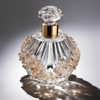 Ornate crystal perfume bottle adorned with delicate floral embellishments and a radiant gold collar, set against a dramatic light-and-shadow background.