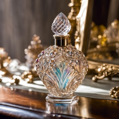 Vintage-style crystal perfume bottle with a jewel-encrusted body, prismatic reflections, and a diamond-shaped stopper, displayed on a classic wooden vanity.