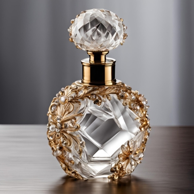 Luxurious crystal perfume bottle adorned with intricate gold floral embellishments and a faceted stopper, exuding elegance and timeless beauty.