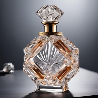 Sculptural crystal perfume bottle with geometric amber and clear accents, paired with a gold neck and a faceted diamond-shaped stopper, highlighted by dramatic lighting.