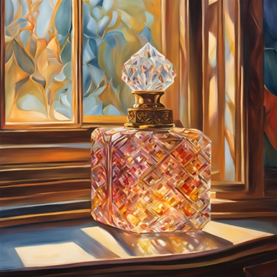 Radiant crystal perfume bottle with a golden collar and faceted stopper, reflecting warm amber hues, displayed in a sunlit window framed by stained glass and wooden trim.