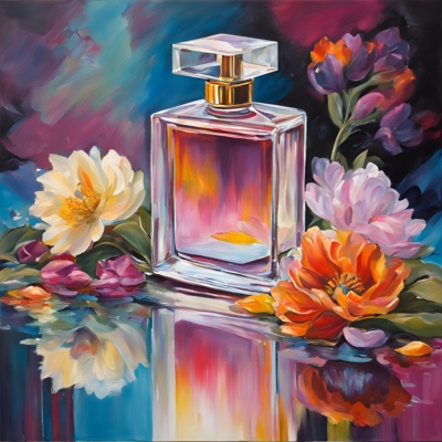 Modern rectangular perfume bottle with a gold cap and vivid multicolored fragrance, artistically surrounded by vibrant flowers and their reflections in a glossy surface.