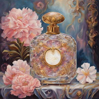 Ornate perfume bottle featuring intricate gold embellishments and filled with pastel-colored floral motifs, surrounded by pink blossoms in an elegant, painterly setting.