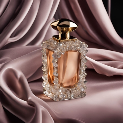 Rectangular perfume bottle with a bold gold cap, encased in crystal-like embellishments and filled with a soft amber-hued fragrance, displayed against a luxurious satin backdrop.