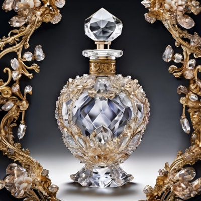 Luxurious crystal perfume bottle with an intricate faceted design, adorned with golden floral accents and delicate embellishments, framed by ornate gold branches in a regal display.