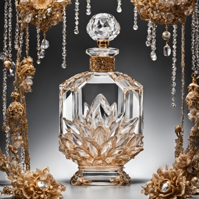 Magnificent crystal perfume bottle with a hexagonal design and a blooming floral base, topped with a faceted spherical stopper, surrounded by cascading gold and crystal decorations.