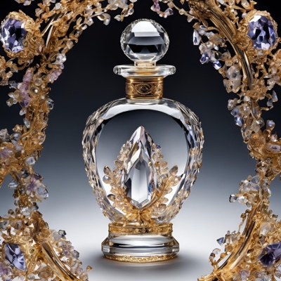 Elegant oval crystal perfume bottle featuring a central faceted jewel, surrounded by golden floral embellishments, framed by intricate gold and amethyst-accented branches.