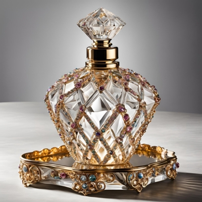 Elegant crystal perfume bottle featuring a lattice design adorned with gold and colorful jewel embellishments, displayed on an ornate matching gold and jeweled tray.