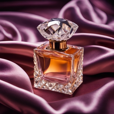 Square crystal perfume bottle with a faceted diamond stopper, filled with a rich amber fragrance, showcased on deep magenta satin fabric for a glamorous presentation.