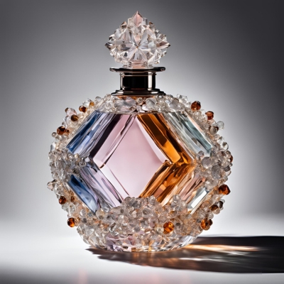 Round crystal perfume bottle with multicolored panels and a textured surface of amber and clear embellishments, topped with a faceted stopper and illuminated under dramatic lighting.