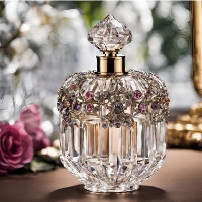 Ornate crystal perfume bottle with a gold neck and a crown of pink and violet gemstone accents, set against a romantic background with soft floral touches.