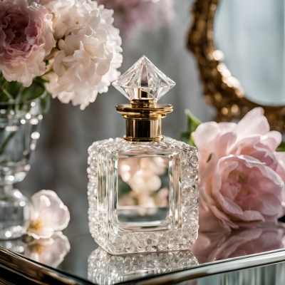 Elegant square crystal perfume bottle with textured embellishments and a diamond-shaped stopper, set against a romantic background of soft pink peonies and a gold-framed mirror.