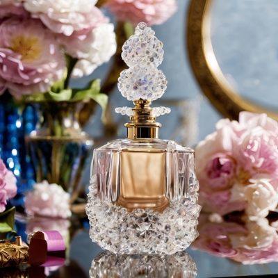 Ornate crystal perfume bottle with a golden neck and a clustered gemstone stopper, adorned with intricate crystal details and surrounded by vibrant floral arrangements.