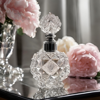 Sophisticated round crystal perfume bottle with a geometric diamond pattern and a reflective surface, elegantly displayed among pastel pink flowers.