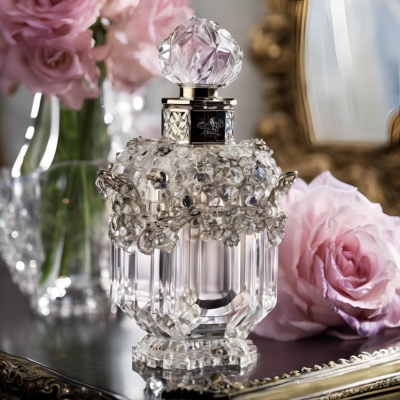 Luxurious crystal perfume bottle featuring delicate gemstone accents and a faceted stopper, placed on a mirrored surface with soft pink roses and a vintage backdrop.