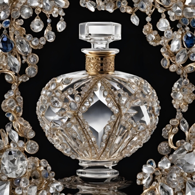 Magnificent crystal perfume bottle with a golden neck and intricate diamond-shaped facets, framed by opulent gold and sapphire embellishments in an exquisite display.