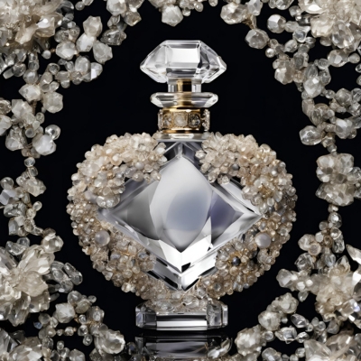 Elegant crystal perfume bottle with a prominent diamond-shaped core and adorned with delicate pearl-like embellishments, surrounded by a shimmering crystal wreath.