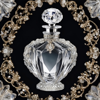 Luxurious crystal perfume bottle featuring a faceted teardrop design, adorned with a jeweled stopper and surrounded by a gold and pearl-accented circular frame.