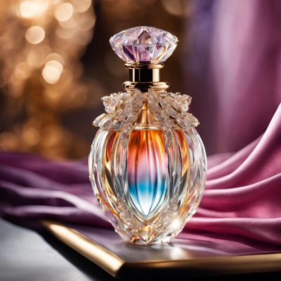 Exquisite crystal perfume bottle with vibrant rainbow-like reflections, adorned with delicate crystal accents and a faceted stopper, set against a dramatic purple fabric background.