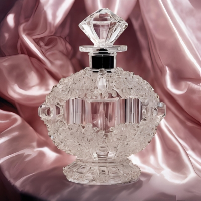 Delicate crystal perfume bottle with a round, textured design and a faceted diamond-shaped stopper, set against a luxurious pink satin backdrop.