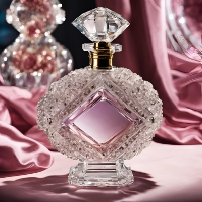 Sophisticated crystal perfume bottle featuring a central diamond-shaped pink core, surrounded by intricate floral-like textures, and displayed on soft pink satin fabric.