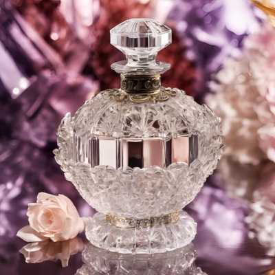 Intricately designed crystal perfume bottle with a rounded, floral-textured body and a faceted stopper, highlighted by soft pastel tones and reflective surfaces.