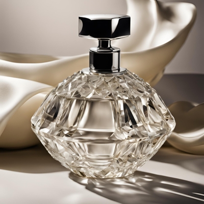 Modern crystal perfume bottle with sharp, angular cuts and a sleek chrome cap, set against a flowing satin fabric for a minimalist yet luxurious presentation.