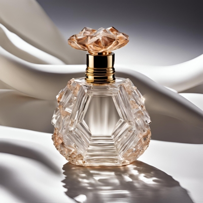 Elegant crystal perfume bottle with a geometric, multi-faceted body and a warm amber-tinted stopper, highlighted by soft lighting and surrounded by flowing white fabric.