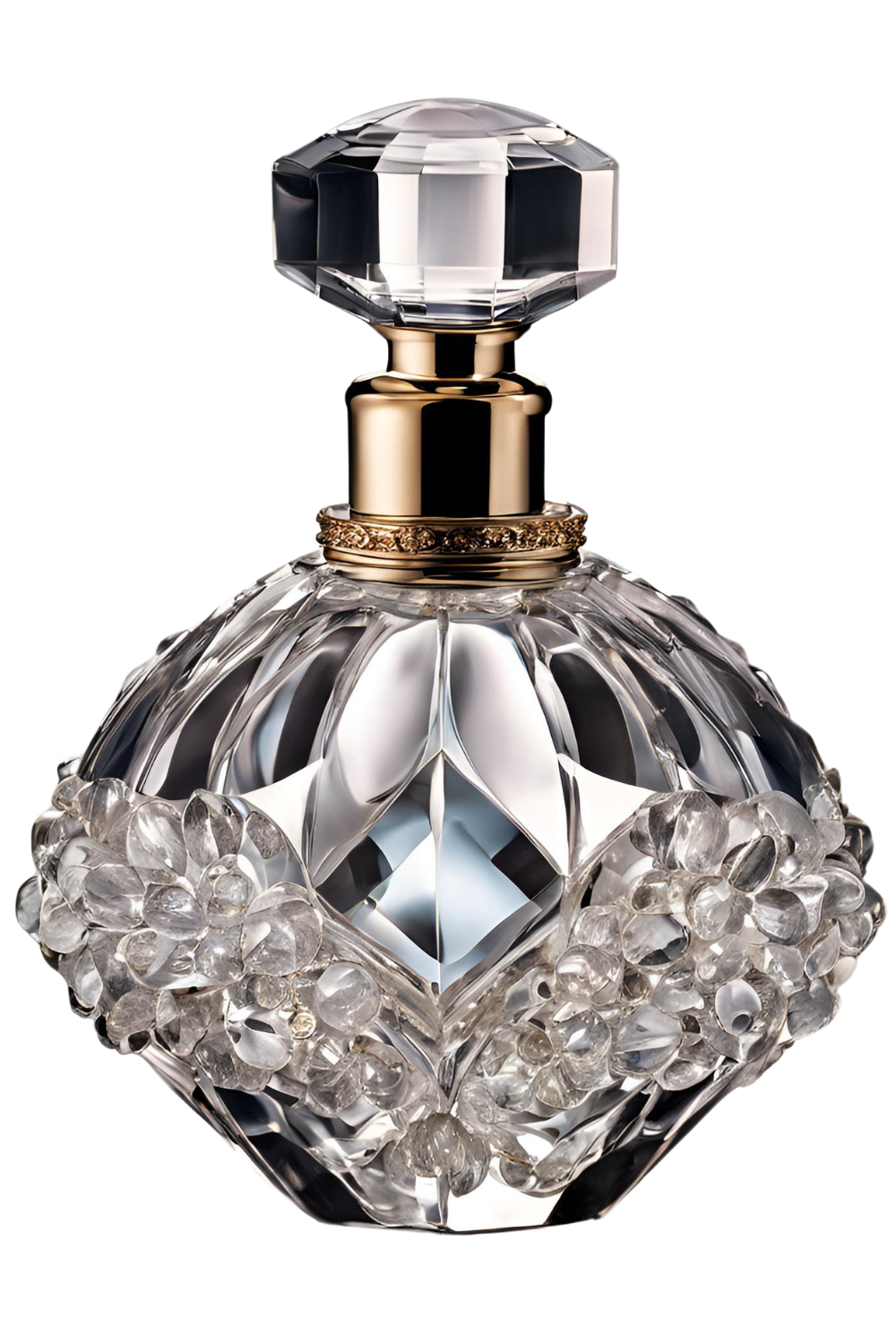 A spherical crystal perfume bottle adorned with floral-like clusters of transparent stones encircling its base, paired with a sophisticated gold-accented neck and a faceted crystal stopper.