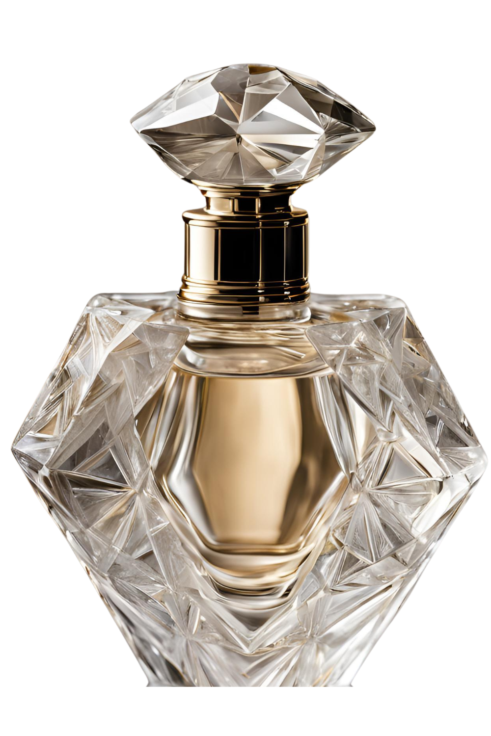 A uniquely angular crystal perfume bottle with sharp, geometric cuts that shimmer in the light, finished with a sleek golden neck and a multi-faceted, jewel-like stopper.