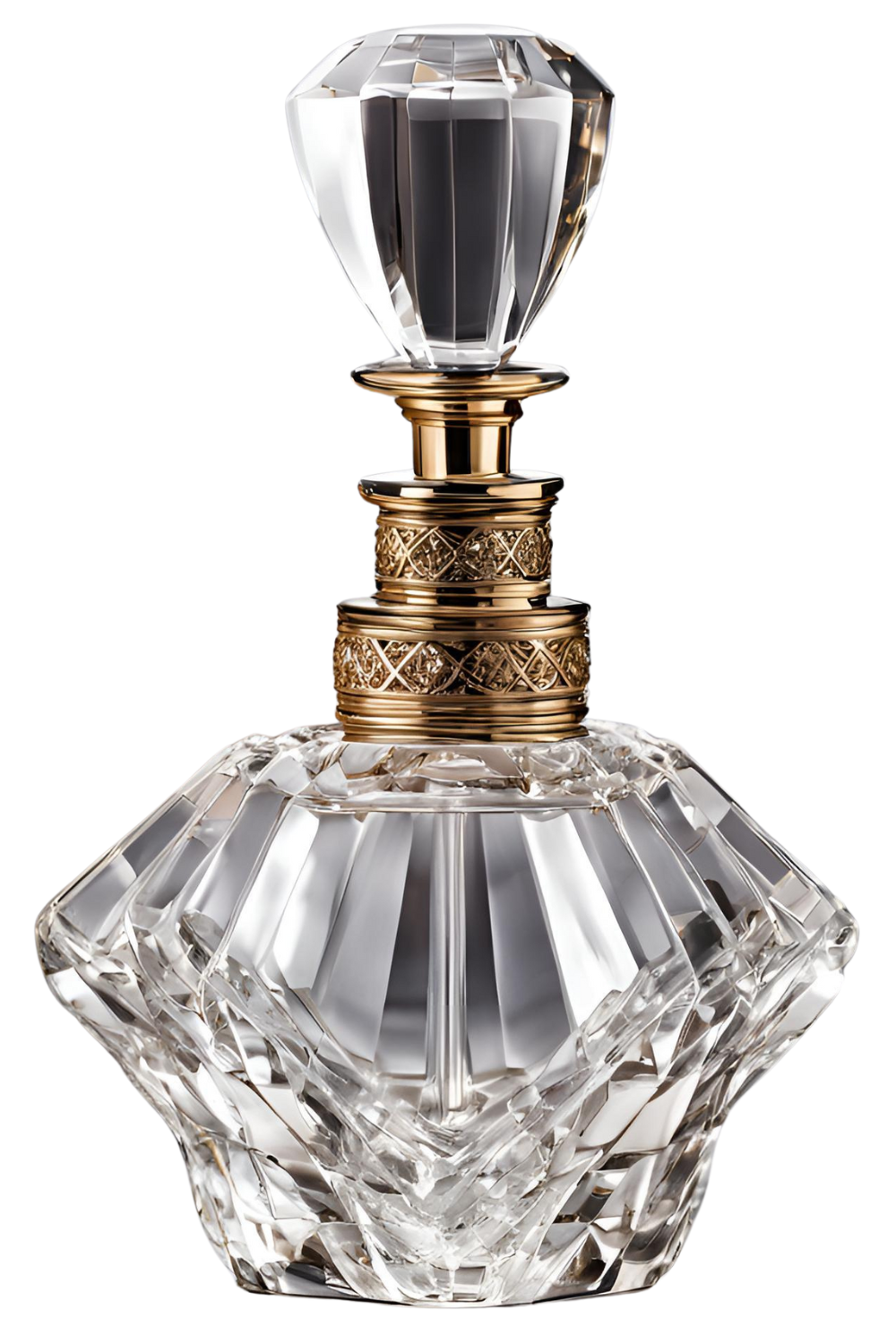 A dazzling crystal perfume bottle with intricate facets resembling a precious gemstone, crowned with a bold, diamond-cut stopper. Its golden collar features ornate filigree, exuding timeless luxury.